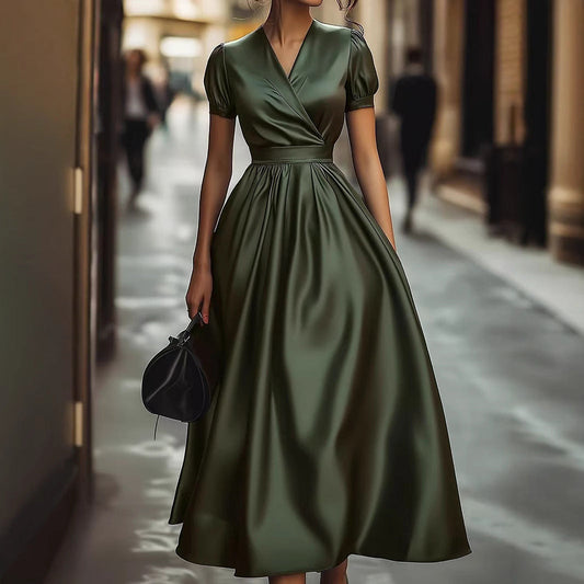 Elegantes Damen Maxikleid Wickeloptik Puffärmel - BerlinGlamour