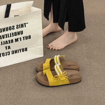 Damen Pantoletten Weich Bequem Perlen Riemen