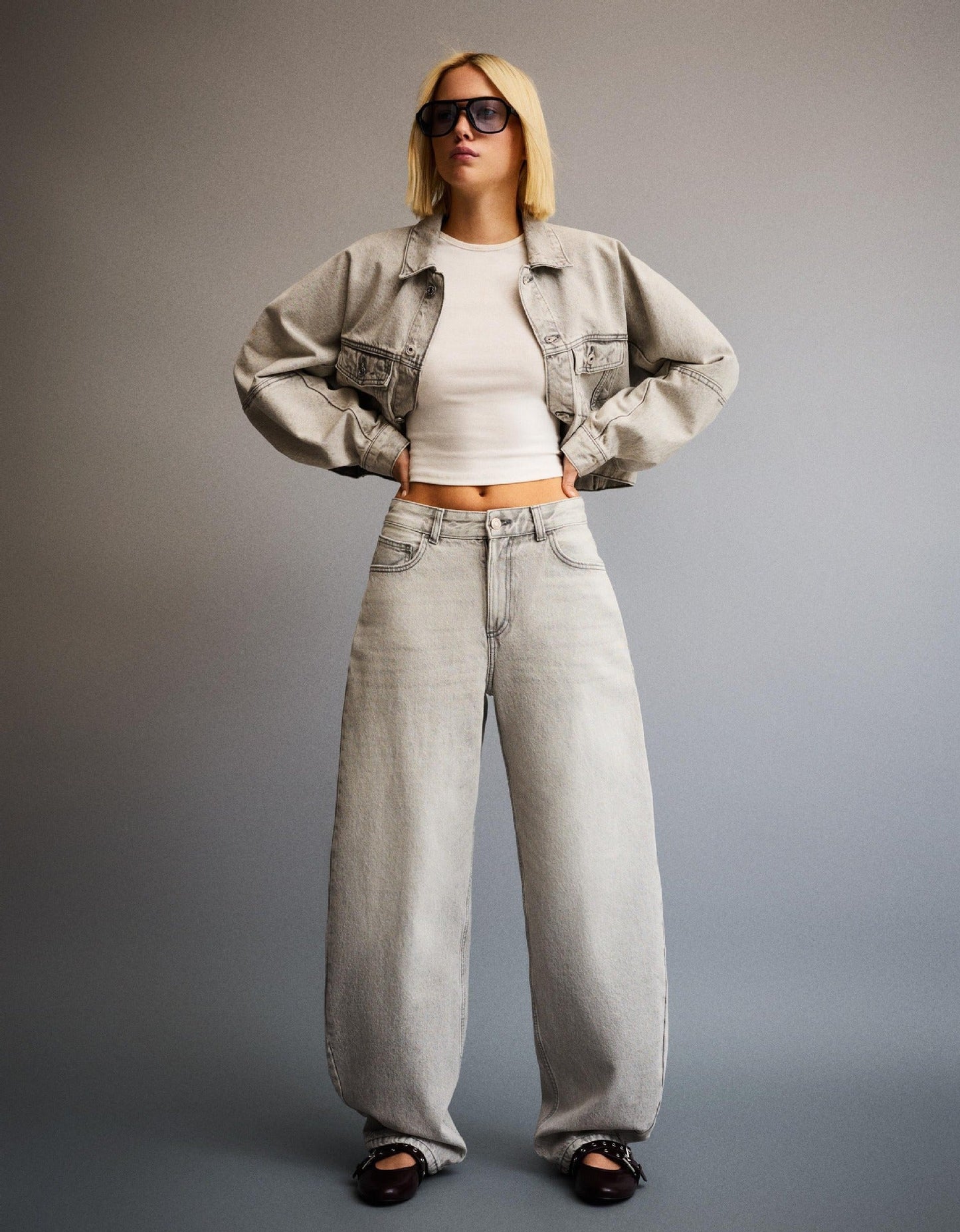 Damen Jeansjacke Oversized Lässig mit Taschen