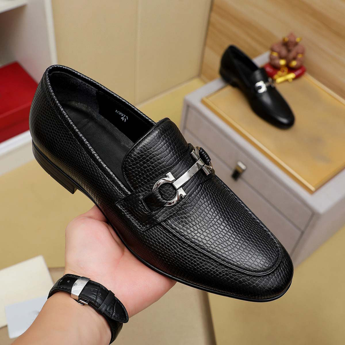 Herren Mokassin Modern Metallverschluss Leder Schwarz