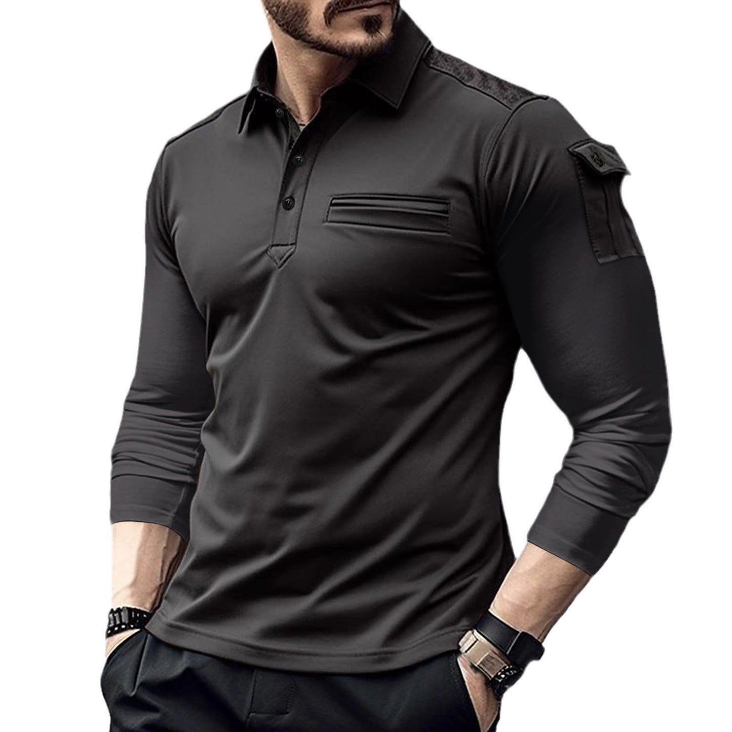 Herren Poloshirt Langarm Modern mit Taschen und Details