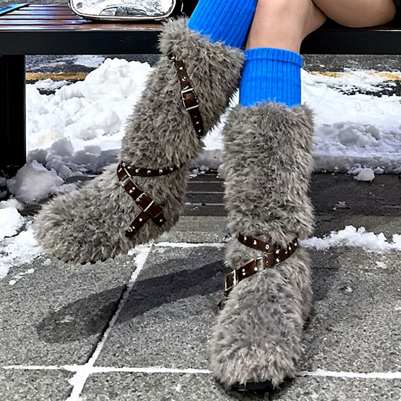 Damen Winterstiefel Flauschig mit Schnallen Schwarz