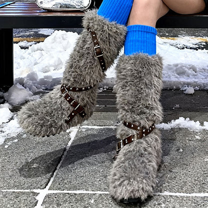 Damen Winterstiefel Flauschig mit Schnallen Schwarz