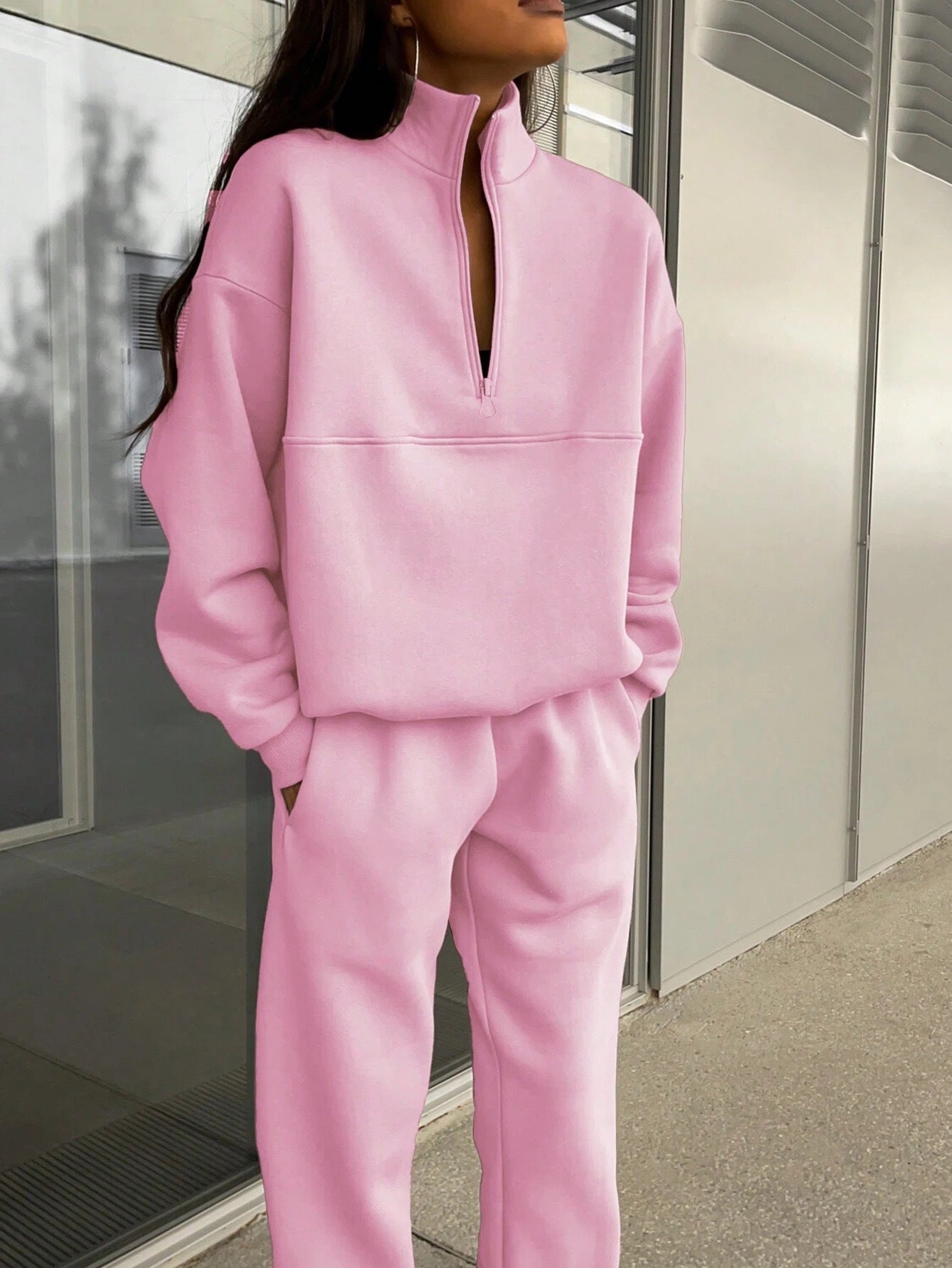Damen Pullover Oversized Bequem Langarm Mit Halbem Reißverschluss