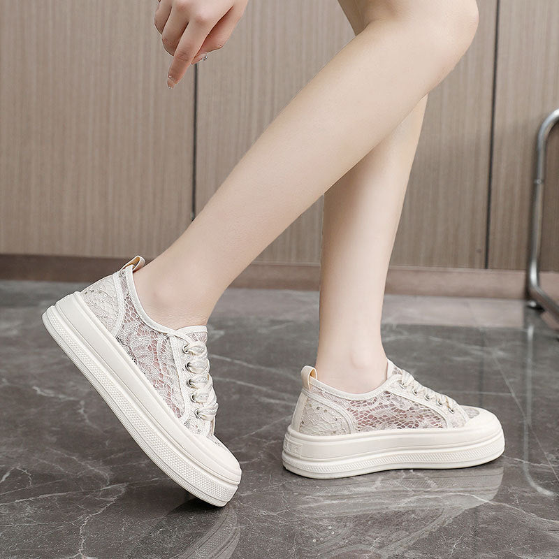 Damen Plateausneaker Bequem Spitze Floral Modisch