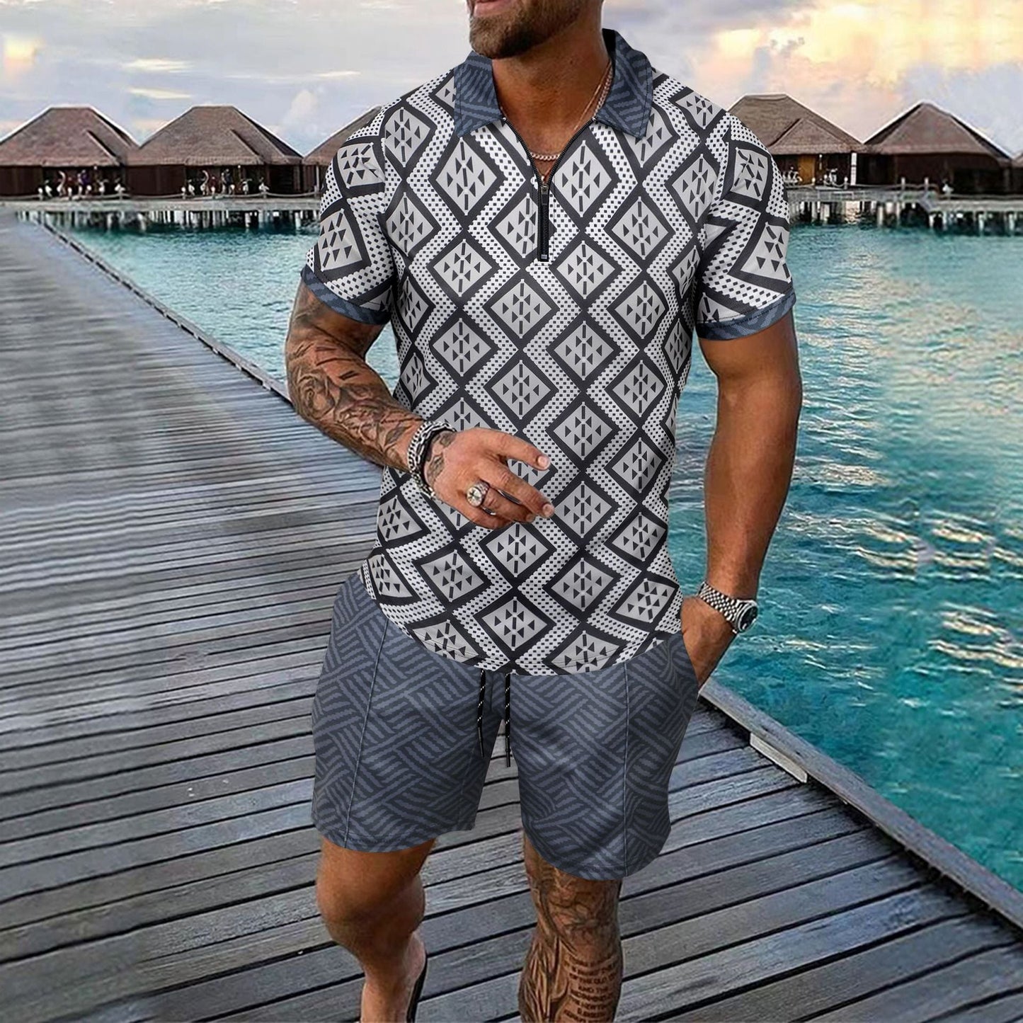Herren Kurzarm-Shirt Set Sportlich Modern Mit Reißverschluss