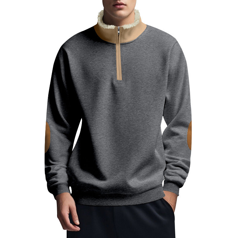 Herren Fleece Pullover Stehkragen Kontrastdetails Schwarz