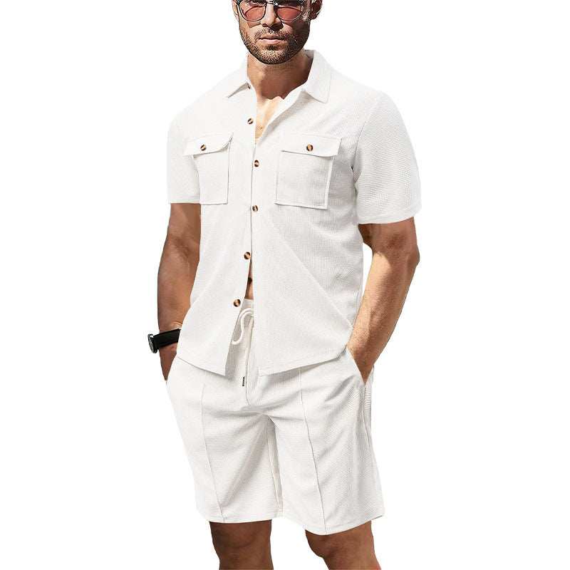 Herren Kurzarmhemd Shorts Set Sommer mit Taschen