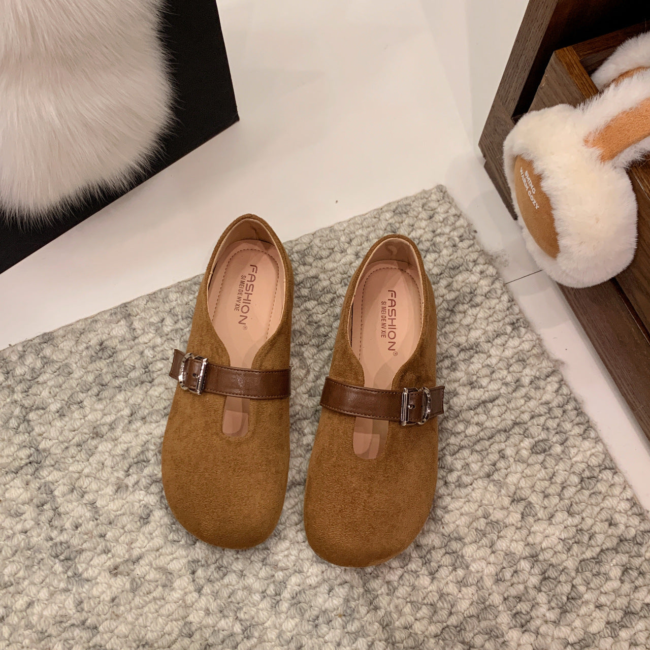 Damen Mokassins Elegant mit Schnalle Schwarz