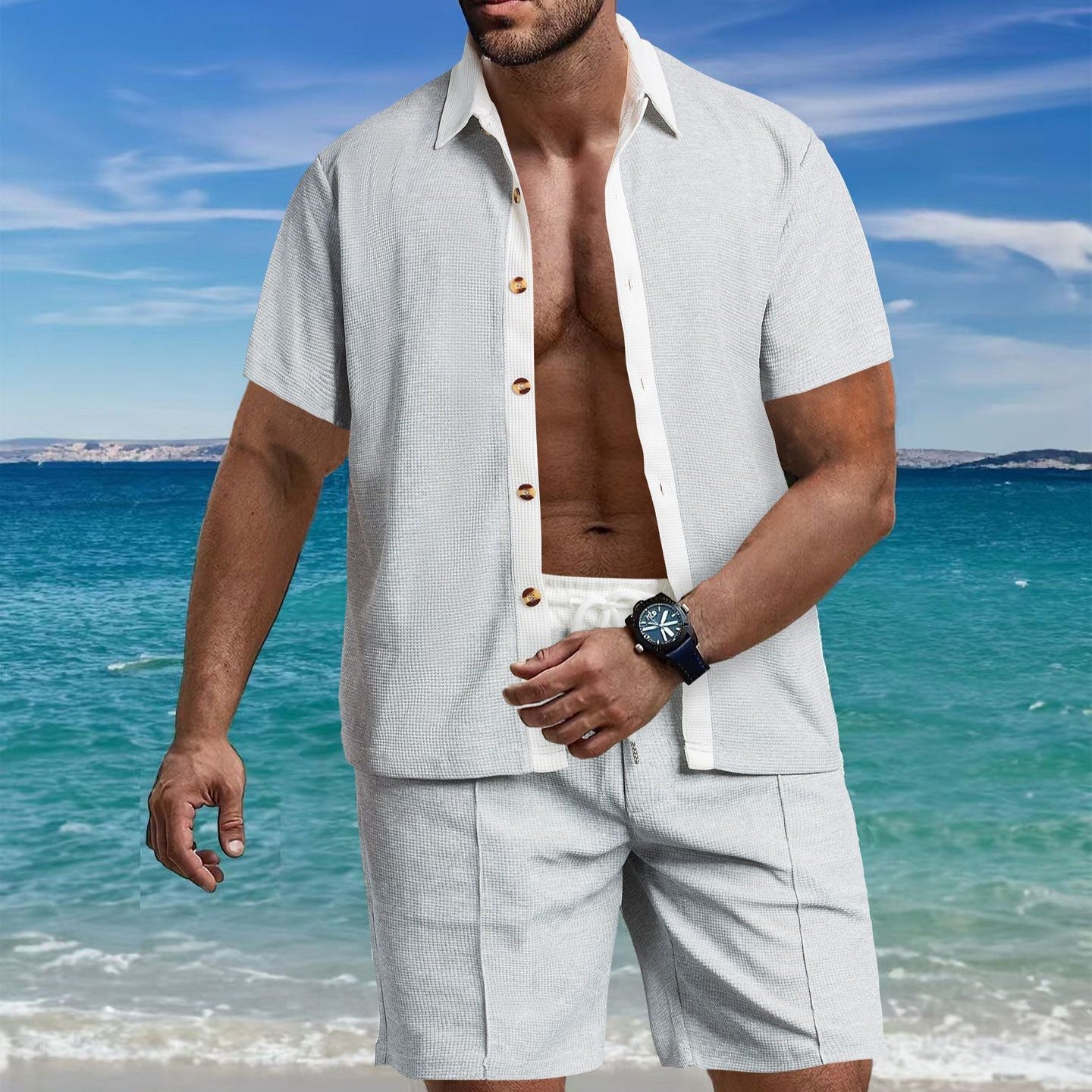 Herren Set Kurzarm Hemd und Shorts Strukturiert Sommer - BerlinGlamour