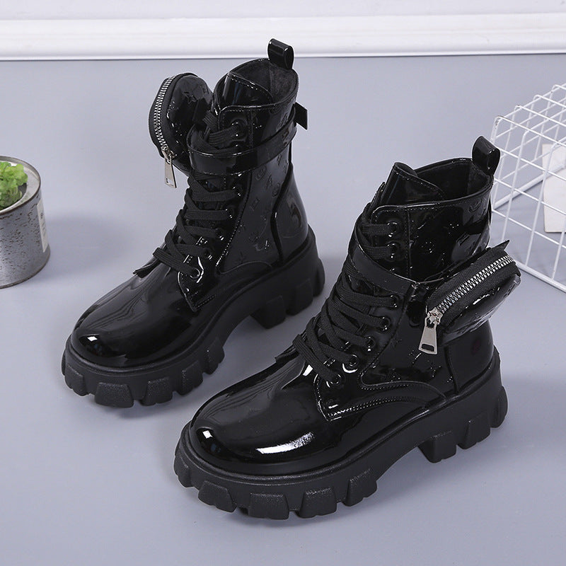 Damen Stiefel Schuhe Mit Tasche Schwarz Glanz