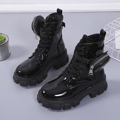 Damen Stiefel Schuhe Mit Tasche Schwarz Glanz