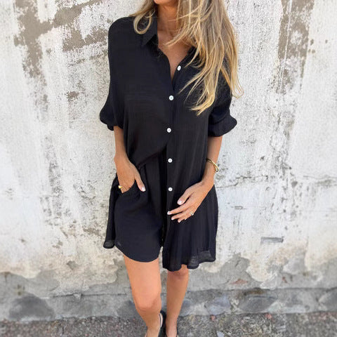 Damen Hemdkleid Oversize mit Knöpfen und Rollkragen