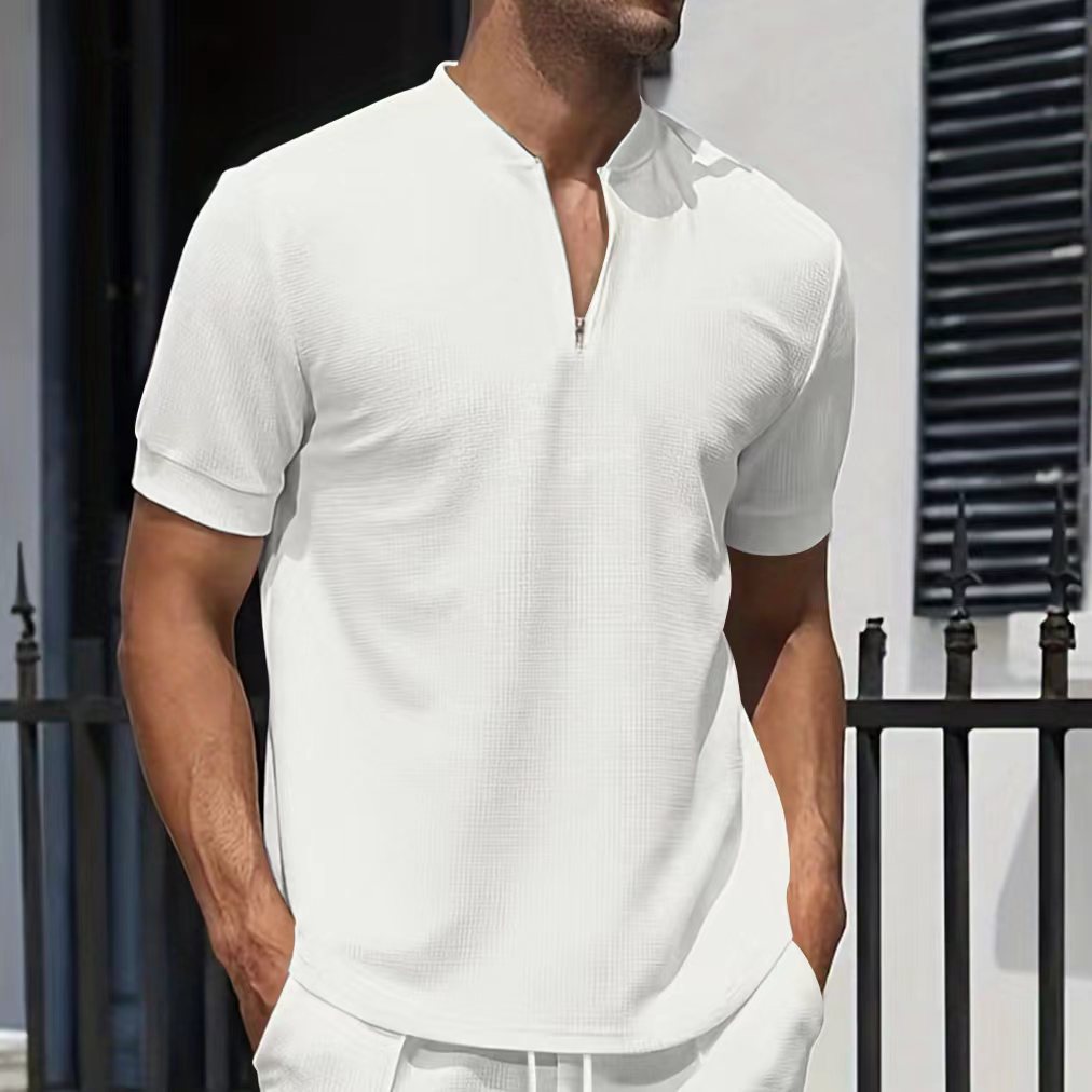 Herren Kurzarmshirt Modern Strukturiert Reißverschluss - BerlinGlamour