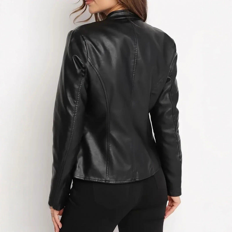 Lederjacke Damen Stehkragen Asymmetrisch Schwarz