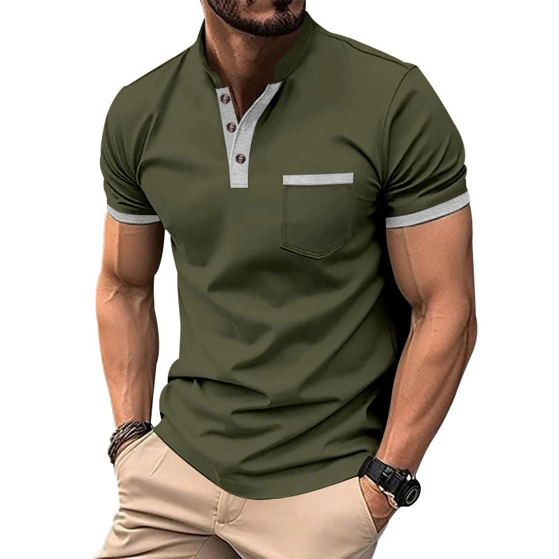 Herren Polo Kurzarm Kontrastknöpfe Brusttasche Modern