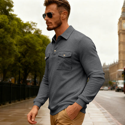 Herren Polohemd Langarm mit Brusttaschen Modern Style