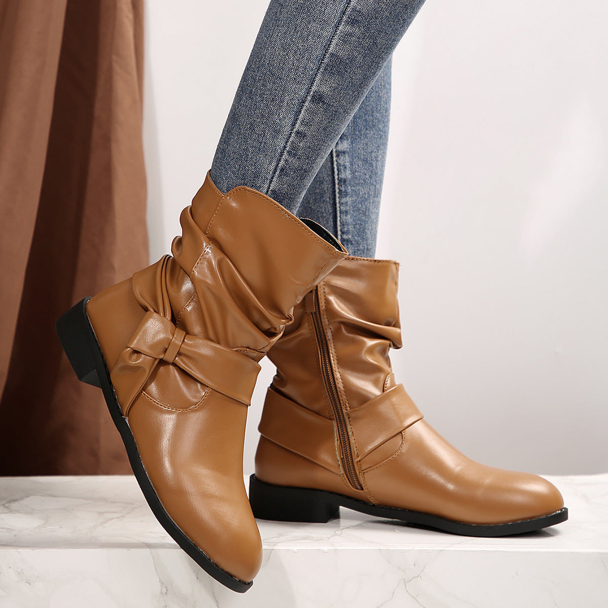 Damen Stiefeletten Modisch Falten Design Schleifenverschluss