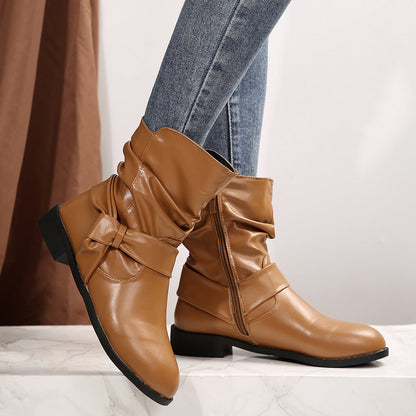 Damen Stiefeletten Modisch Falten Design Schleifenverschluss
