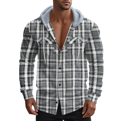 Herren Flauschjacke Kariert mit Kapuze Winterwarm