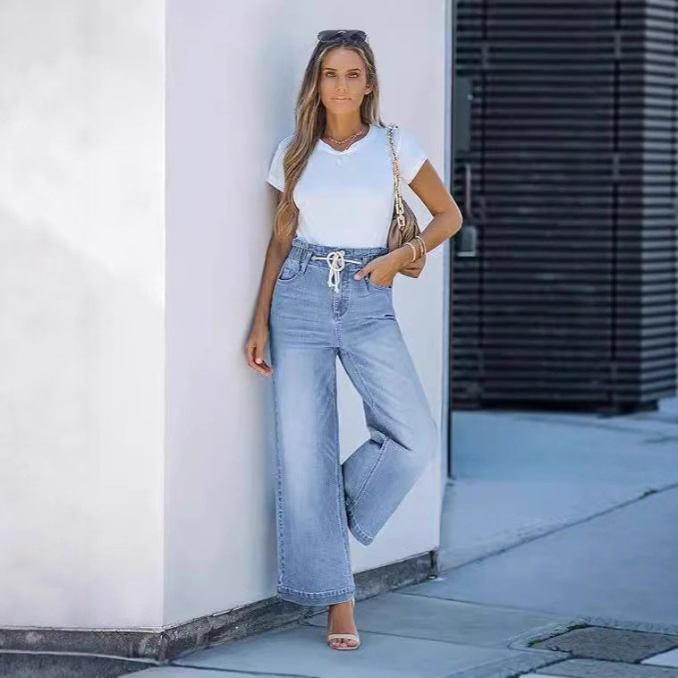 Damen High-Waist Jeans Weite Bein Elastisch Komfortabel