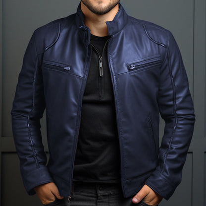 Leder Bikerjacke Herren mit Reißverschluss Taschen