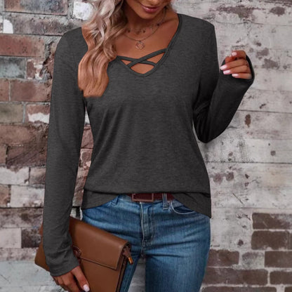 Damen Shirt Langarm Kreuzausschnitt Elegantes Oberteil