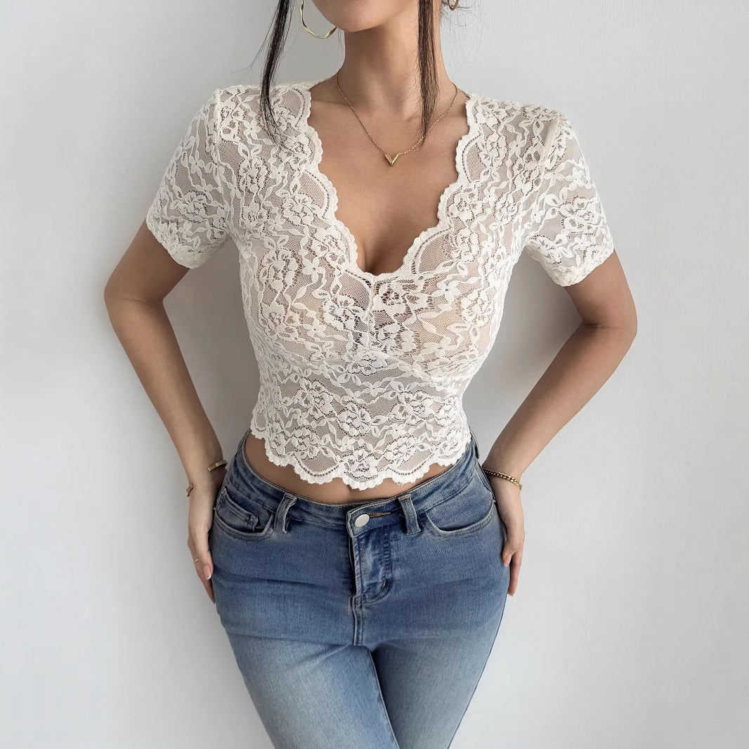 Damen Oberteil Spitze Kurzarm Elegant