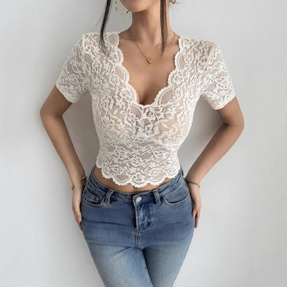 Damen Oberteil Spitze Kurzarm Elegant
