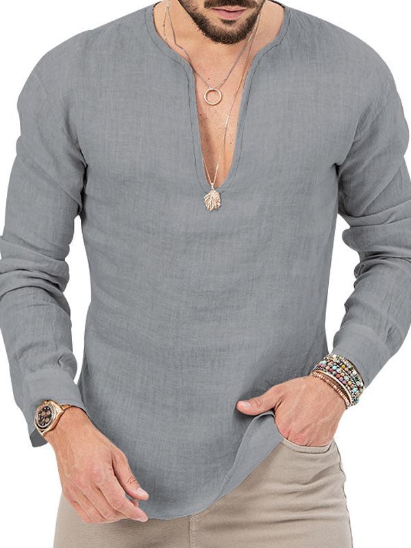 Herren Leinenhemd V-Ausschnitt Modern Schick