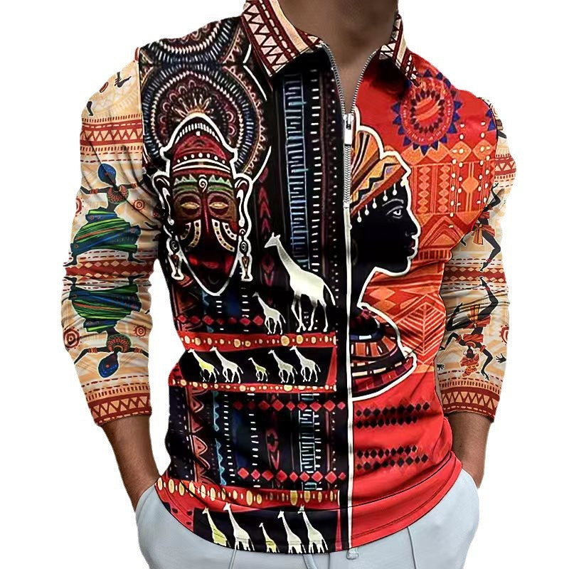 Herren Zip-Up Shirt Ethno Design Elastisch Modern