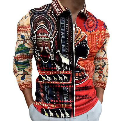 Herren Zip-Up Shirt Ethno Design Elastisch Modern