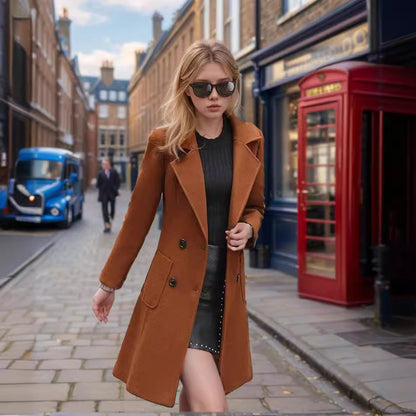 Damen Wollmantel Elegant Lang mit Taschen und Doppelknopf - BerlinGlamour
