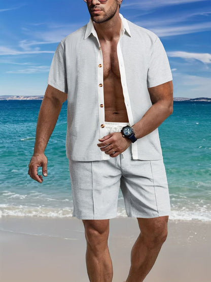 Herren Set Kurzarm Hemd und Shorts Strukturiert Sommer