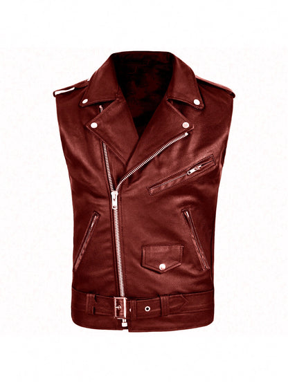 Leder Bikerjacke Herren Ärmellos Stylish Ledermantel