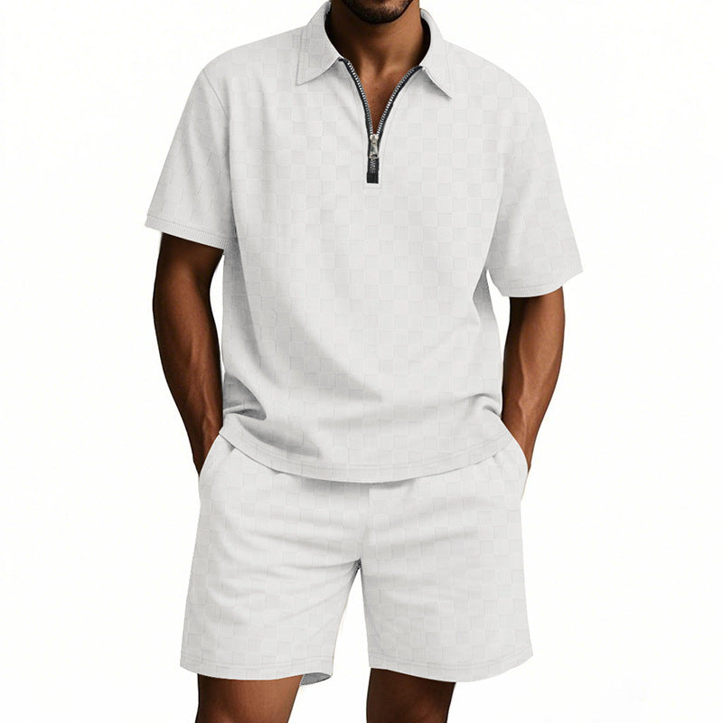 Herren Kurzarm Hemd mit Reißverschluss und Sport Shorts Sommer