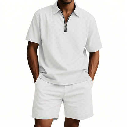Herren Kurzarm Hemd mit Reißverschluss und Sport Shorts Sommer