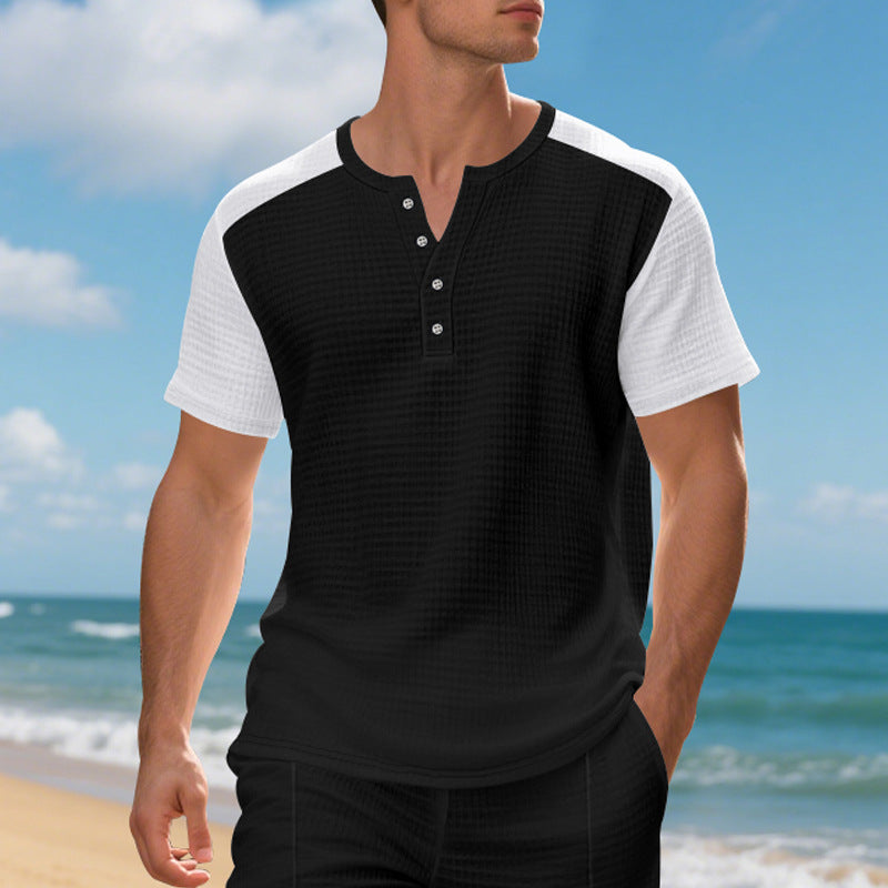 Herren Kurzarmshirt Knopfleiste Modern Strukturiert
