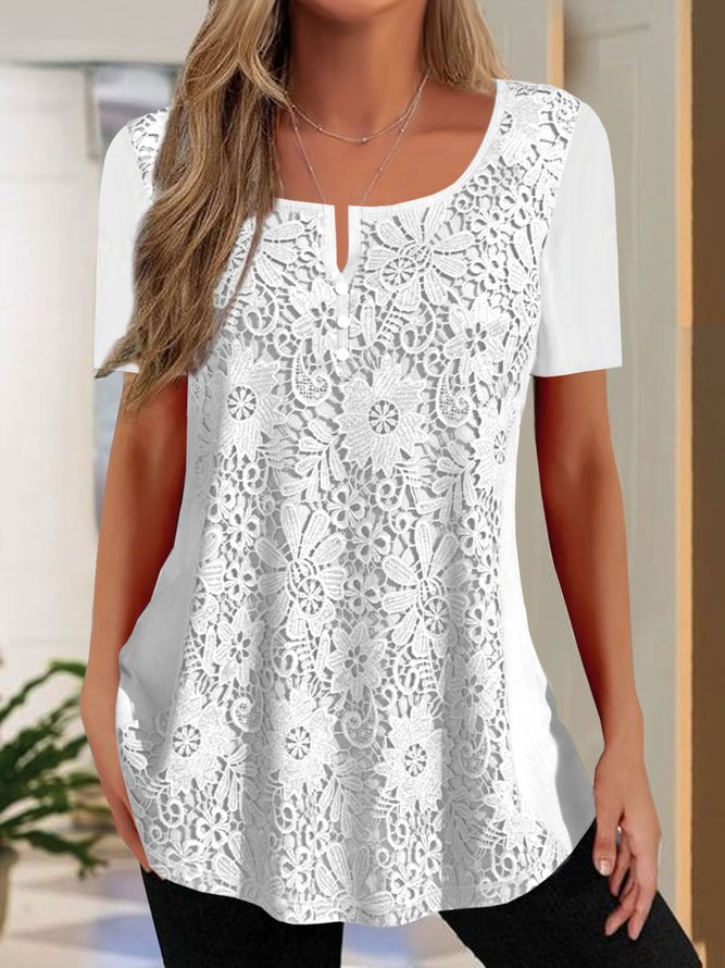 Damen Bluse Spitze Kurzarm Floral Elegant