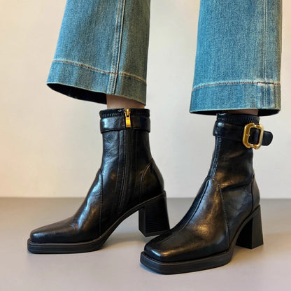 Damen Stiefeletten Hoch Hacken Schnalle Modisch Elegante