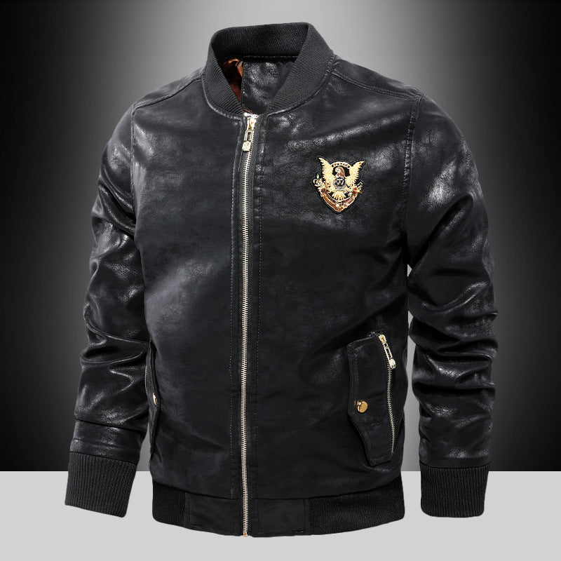 Herren Lederjacke Bomber Modisch Bestickt Kunstleder Schwarz - BerlinGlamour