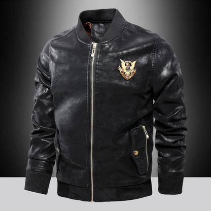Herren Lederjacke Bomber Modisch Bestickt Kunstleder Schwarz - BerlinGlamour