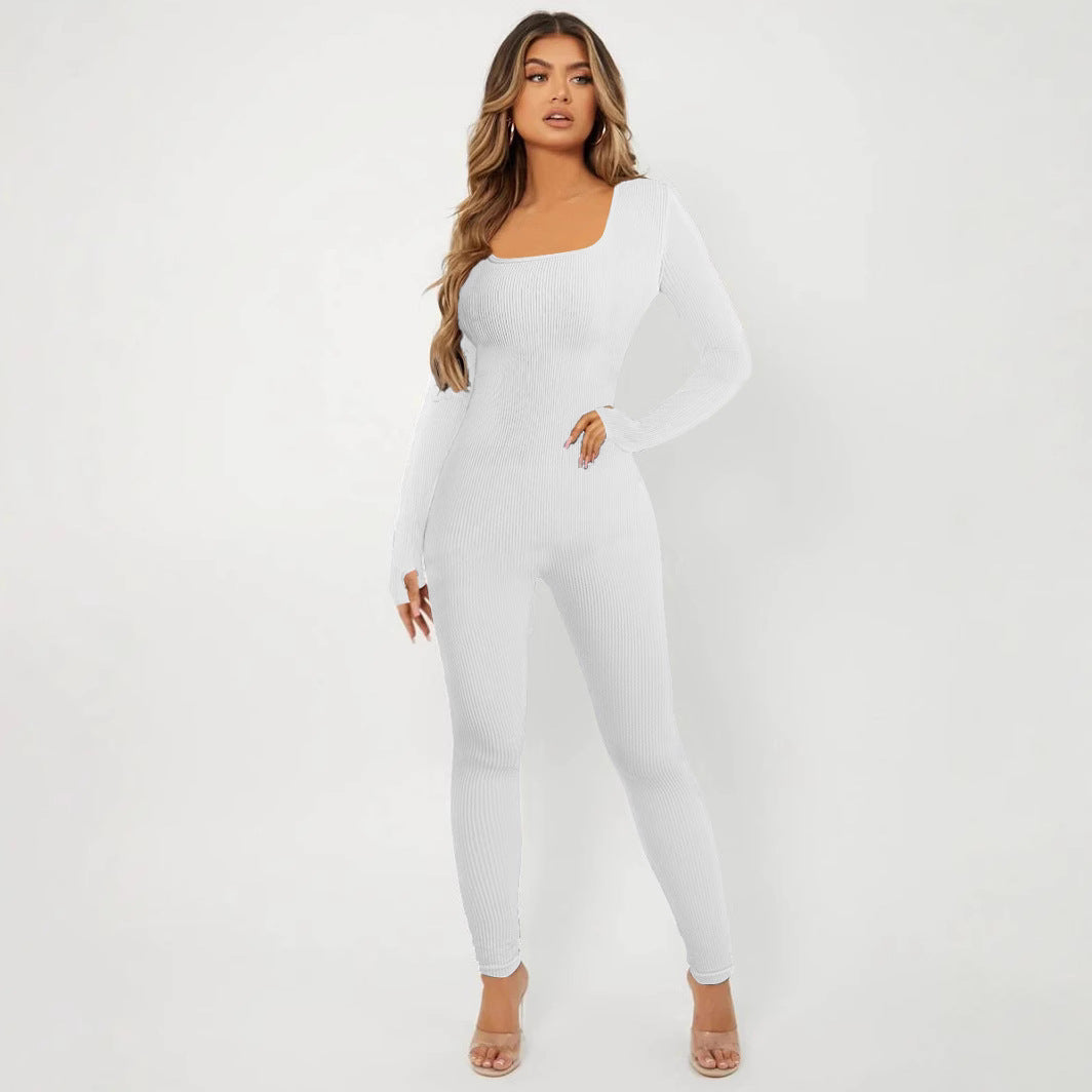 Elegante Damen Jumpsuit Langarm Rippenmuster Chic