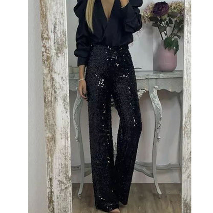 Glitzernde Damen Palazzo Hose Hochwertig Weite Bein