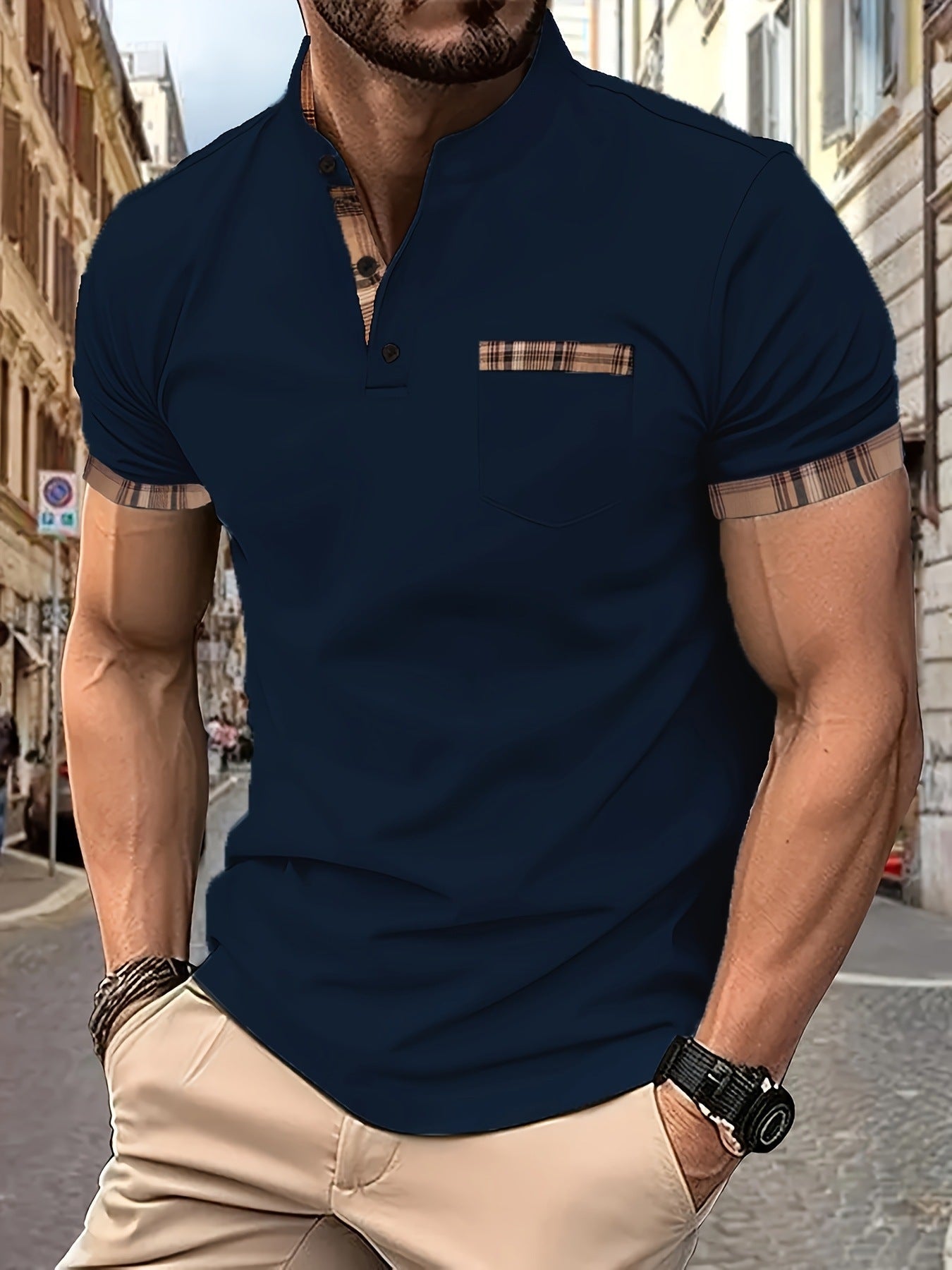 Herren Hemd Kurzarm Stehkragen Karomuster Modern