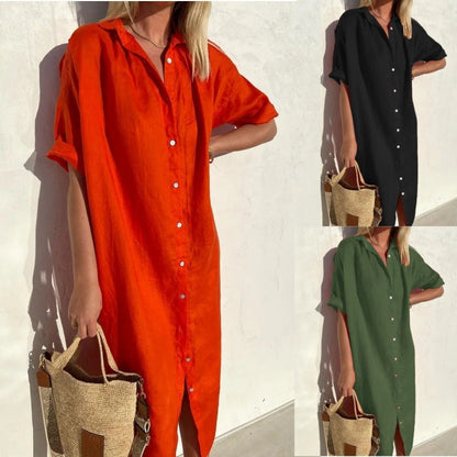 Langes BerlinGlamour Kleid aus Baumwolle und Leinen mit Taschen