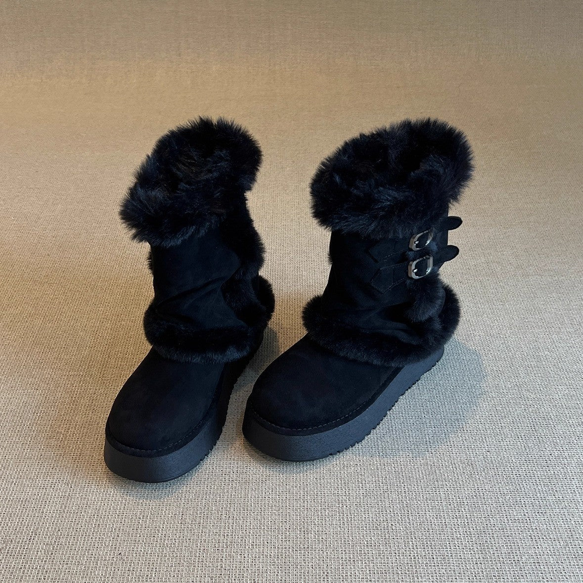 Damen Winterstiefel Kuschelig Kunstfell Doppelriemen