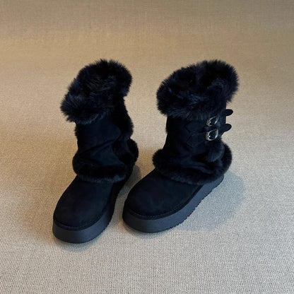 Damen Winterstiefel Kuschelig Kunstfell Doppelriemen