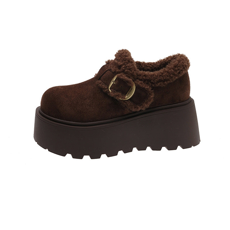 Damen Slipper Plüschig Warm mit Plateau und Schnalle