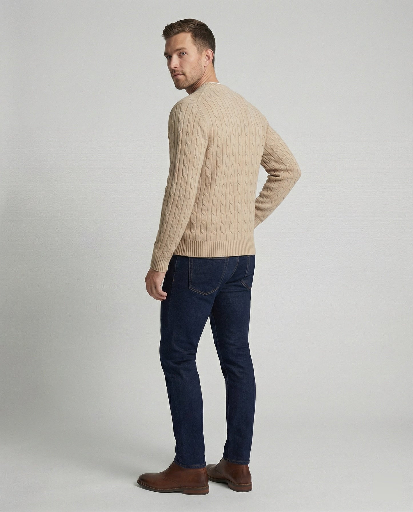 Herren Strickpullover Rundhals Beige Zopfmuster Locker Retro